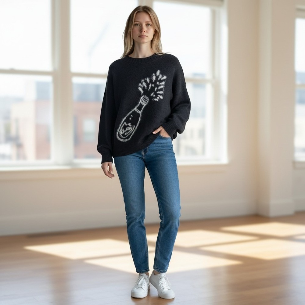 LOFT black crewneck sweater popping champagne bottle graphic bubbly S New Year